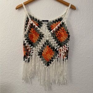 Boho Crochet Fringe Tank Top Granny Square Festival Cami Hippie, Size Medium